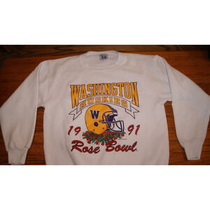 Vintage 90s 1991 Rose Bowl Washington Huskies Football White Sweatshirt XL USA